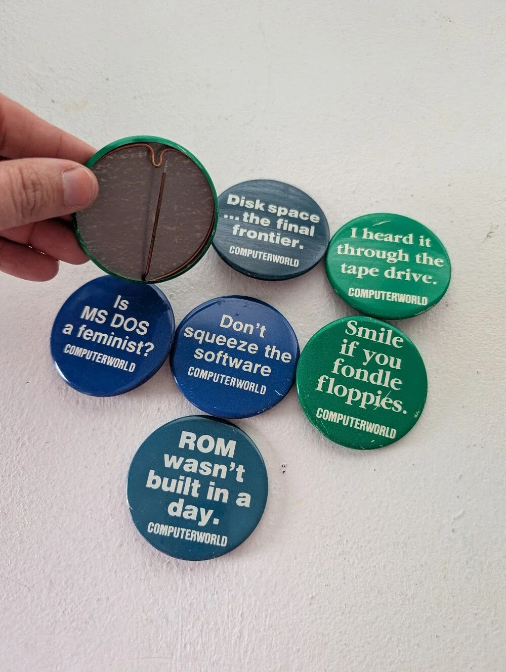Vintage Computerworld Computer Humor Pinback Button Lot of 7 | MS-DOS ROM Floppi